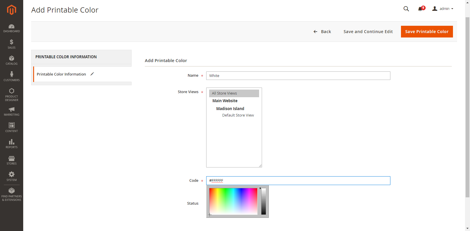 Manage Printable Colors - Backend Color Add