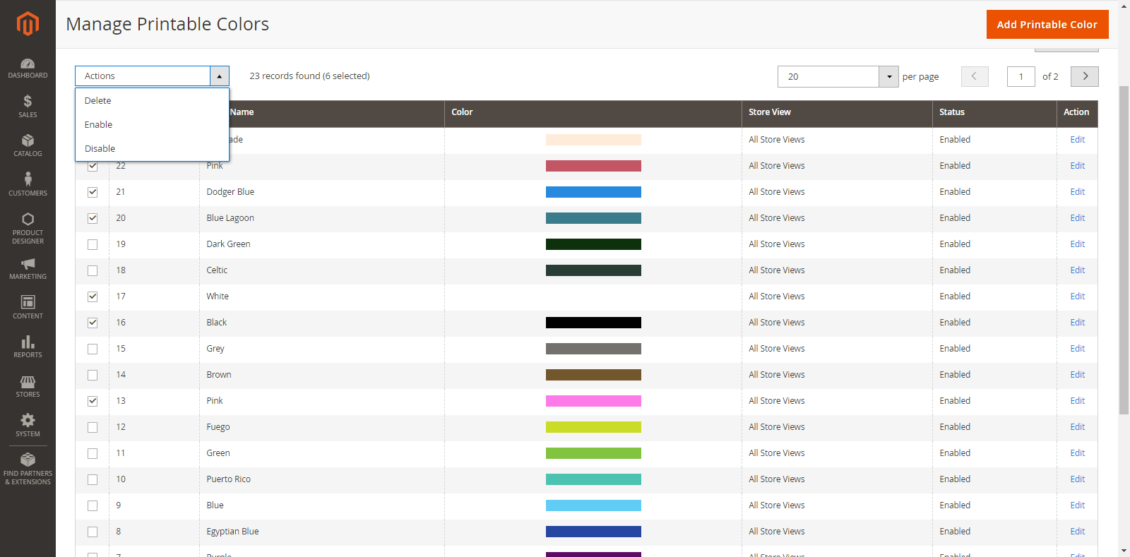 Manage Printable Colors - Backend List Delete